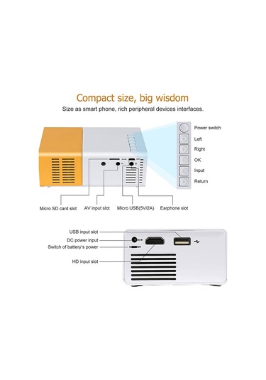 Vkemall Portatif Led Projeksiyon Cihazı, 400-600 Lumens, 24-60 İnç Ekran, Ev Ve Dış Mekan Kullanıma Uygun, Sarı-beyaz Avrupa Standartı
