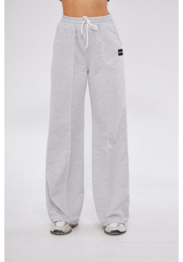 Lesa Wear Nervürlü Palazzo Pantolon Oversize Kesim Gri Melanj