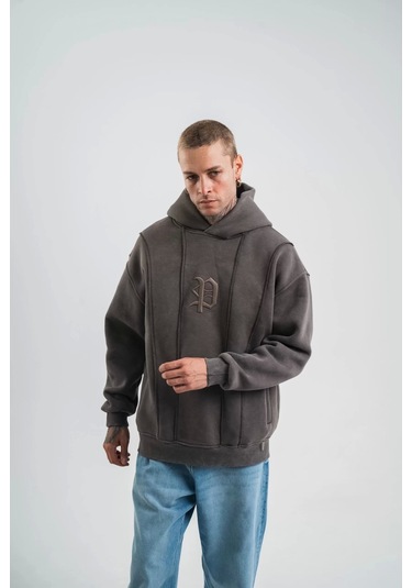 Unisex Uzun Kol Kapşonlu Yıkamalı Nakışlı Sweatshirt - Füme Füme