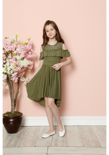 Aymeravm - Omuz Pencereli Göğsü Dantelli Kız Çocuk Elbise - C... (536885580) Haki