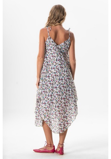 Askılı Vual Afrodit Midi Boy Yazlık Elbise Menekşe Beyaz 6242 Menekşe Beyaz