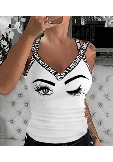 Ahes Shopping Kadın Çapraz Şeritli Göz Baskılı Viskon Bluz Beyaz