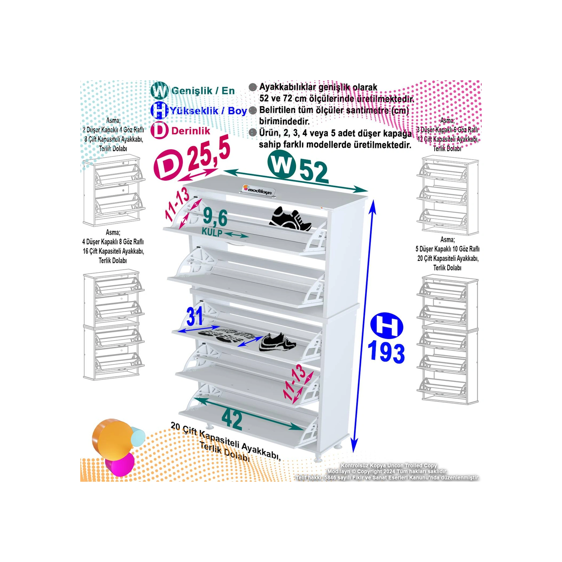 Asil 2 Li Antre Beyaz Renk Ayakkabılık 52 Cm 5 Düşer Kapak 10 Raflı Ayakkabılık 52 X193x 25,5 Cm Beyaz