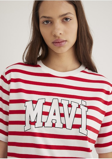 Mavi - Mavi Logo Baksılı Kırmızı Çizgili Tişört 1611360-84475 Kırmızı