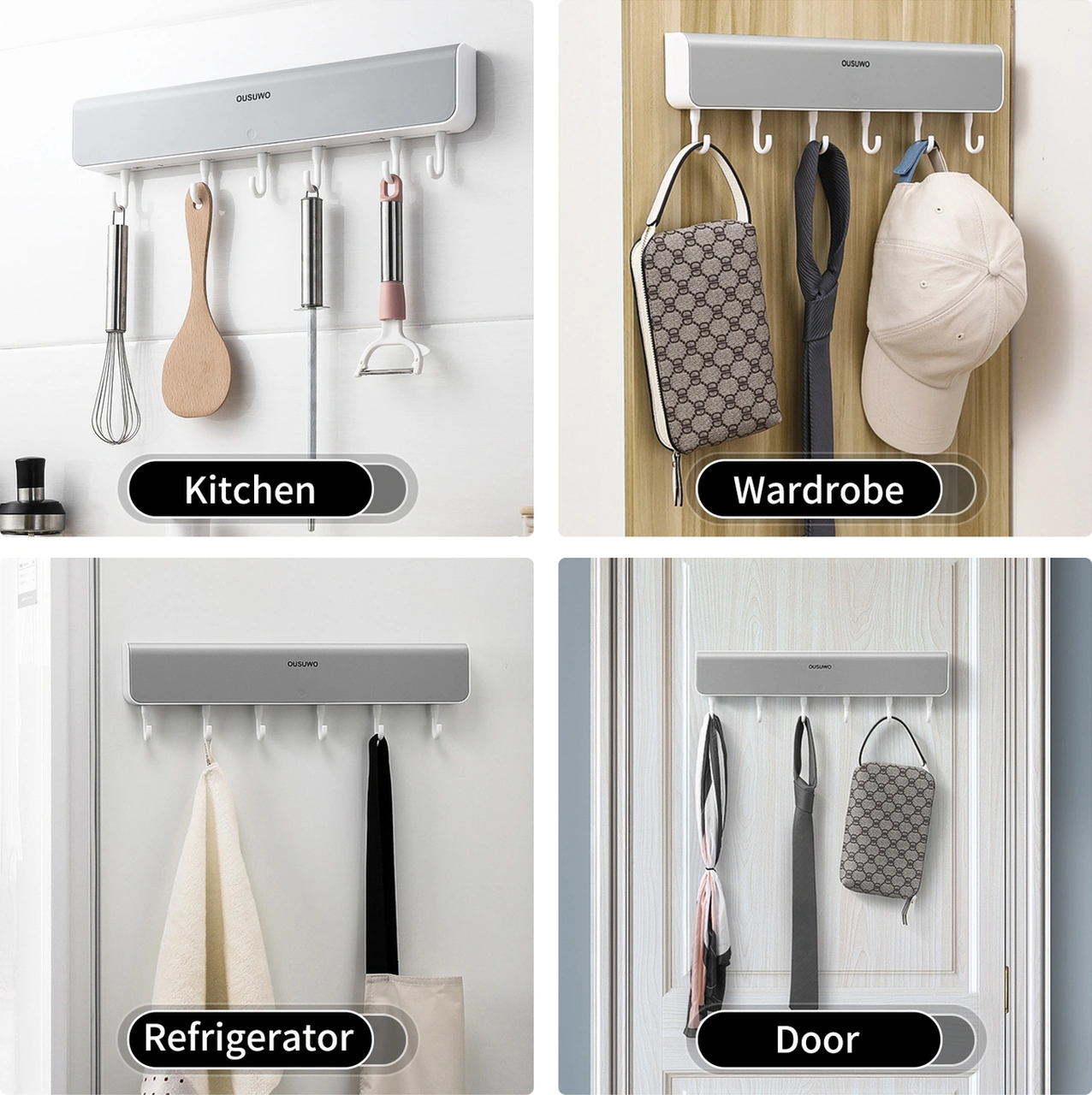 Padalink Gri Abss 6 Kanca Ve 4 Bölmeli Sürekli Taşınabilir Dürtme Açılır Duvar Takımı - 5kg Yük Dayanımı, Ev/ofis/okul Depolama Gri