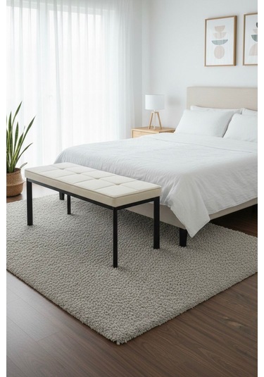 Vena 105x40 Bench - Babyface Kumaş Çımalı Döşeme Puf Bench Siyah Ayaklı Krem