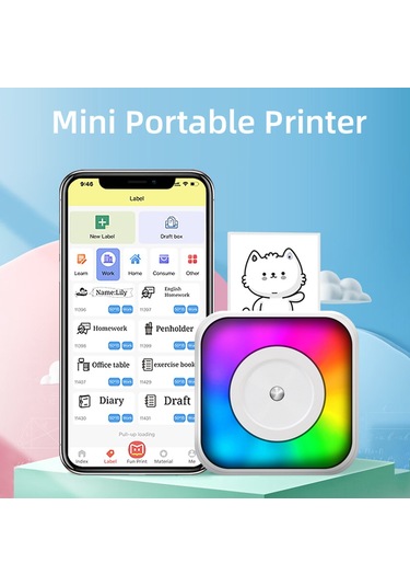 Yunboo C31 Kablosuz Bt Isı Etiket Yazıcı - Mini Boy, Renkli Işık, Dahili 1200mah Batarya, Not/resim/yazı Baskısı, 1 Adet Termal Kağıt İle