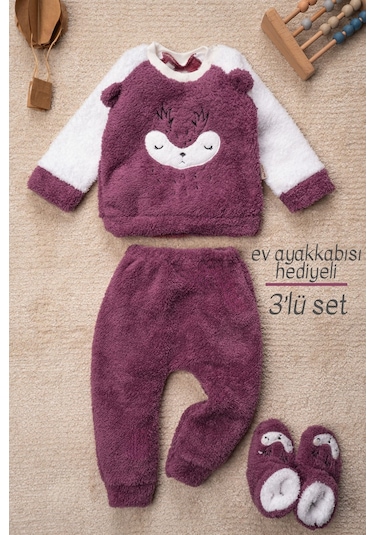 Mai Perla Kız Welsoft 3 Parça Geyik Desenli Ev Ayakkabısı Hediyeli Bebek Takım Mor