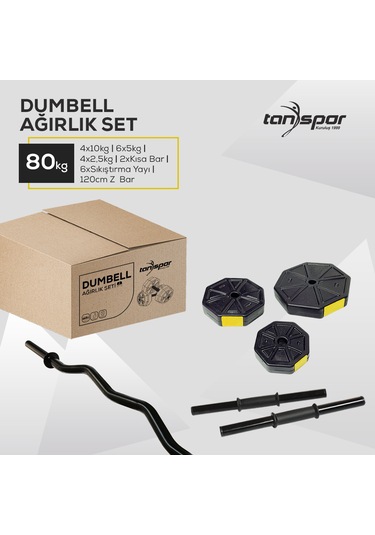 Tan Spor 80 KG Dambıl Halter Kısa Bar + Düz Bar Seti Kırmızı Kapaklı 150 CM