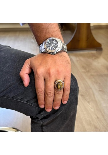 Gerçek Doğal Taş Yüzük - Sultan Yüzük - 925 Ayar Gümüş Yüzük Kaplan Gözü Gümüş