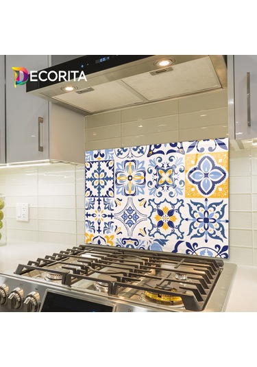Decorita Mavi Çini Desen  Cam Ocak Arkası Koruyucu | 49,5cm x76cm