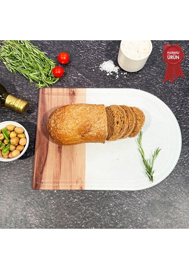 Kanallı Cam Kesme Tahtası - Kenarı Ahşap - Kenarı Oval - 25x35cm