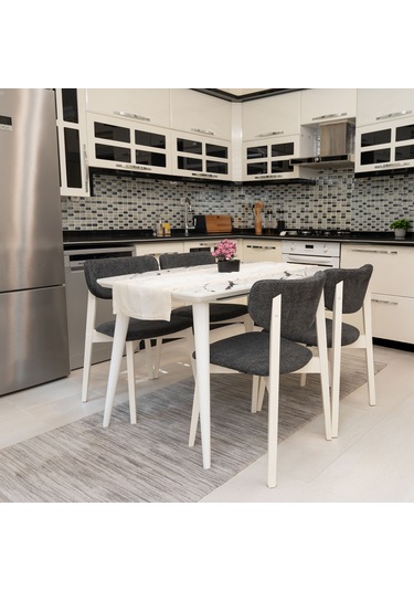 Leto Beyaz Ahşap 6'lı Mutfak Salon Yemek Odası Sandalyesi