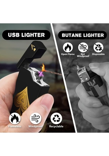 Techbloom Golden Frosted Rüzgar Geçirmez Çift Ark Çakmak Usb C Şarjlı Çakmak Maça Ası Tasarımı Kamp Hediye Altın