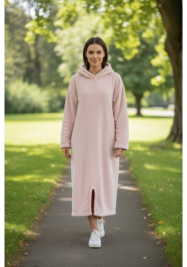 Serona Wellsoft Peluş Kapüşonlu Uzun Panço Yumuşak Dokulu Giyilebilir Tv Battaniyesi Pudra S/m Pudra