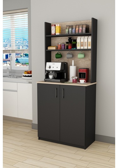 %100 Mdflam Kahve Köşesi Çok Amaçlı Mutfak Dolabı Kahve01 Antrasit - Sidon Antrasit - Sidon