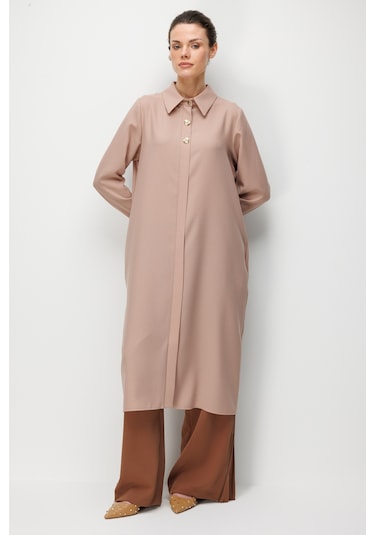 Esswaap Sim Detaylı İri Düğmeli Fermuar Kapamalı Tunik Camel Camel