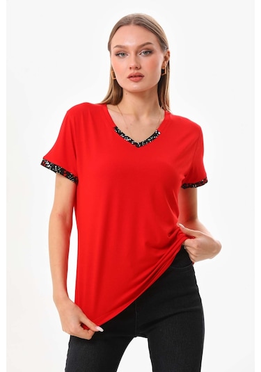 Sistas Kadın V Yaka Kısa Kol Bluz 23152 Kırmızı