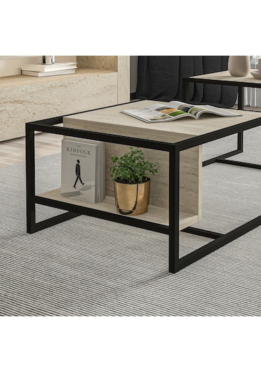 Batı 2 Li Modern Orta Sehpa Takımı Metal Ayaklı, Alt Raflı Traverten