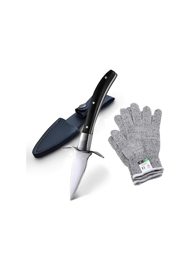 Shineyee Evde Kullanıma Uygun Ahşap Saplı Paslanmaz Çelik İstiridye Bıçağı - 60 Uç Açı, Kesici Eldivenli Kırmızı Sap + Xl Diğer