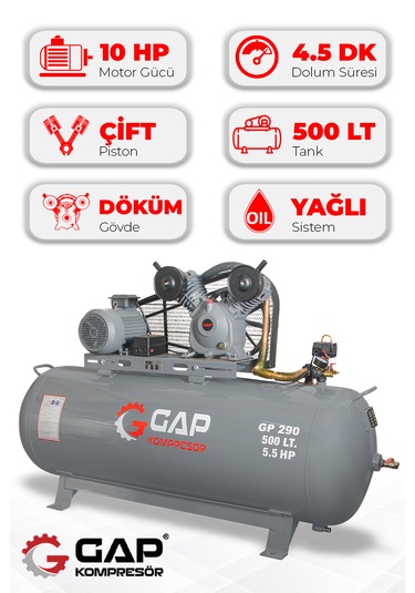 Gap Kompresör Gp290-500 Hava Kompresörü Pistonlu 500lt 2 Kafa 8 Bar 5.5 Hp