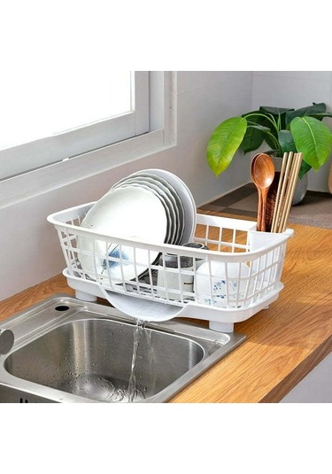 Skycity Plastik Fırça Kurutma Rafı, Ayırılabilir Su Toplama Tabanı Ve Hareketli Çatal Kaşık Kabı İle Mutfak Tabakları İçin Su Filtre Aleti Beyaz