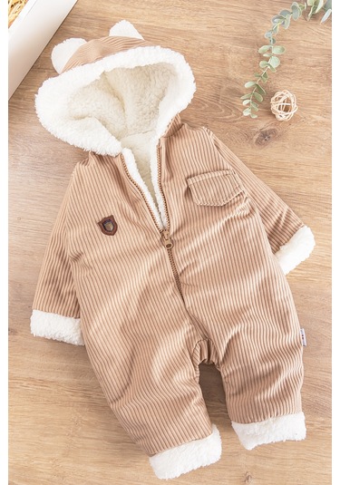 Kapüşonlu Kadife İçi Peluş Welsoft Erkek Bebek Tulum Bej