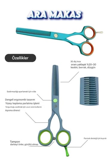 Çubuklu Turkuaz Ara Saç Kesim Makası 6 İnç Efile Makası