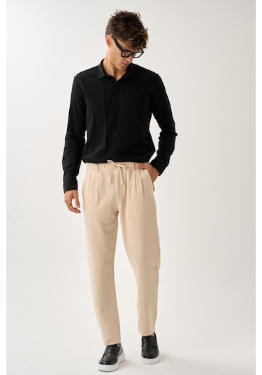 Alexandergardi Pileli Bağcıklı Casual Keten Pantolon Ekru
