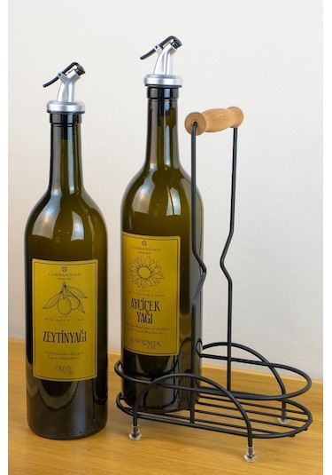 Digithome Petra 2'li Siyah Metal Standlı Ahşap Saplı Yağdanlık Seti Gold Etiketli Amber Yağlık 750 Ml