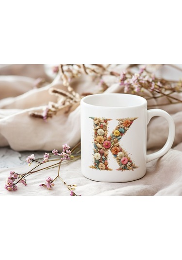 K Harfi Çiçek Desenli Kupa Bardak - Alfabe Harfleri İle Doğal Çiçekli Kupa - Hediye Fikir Beyaz