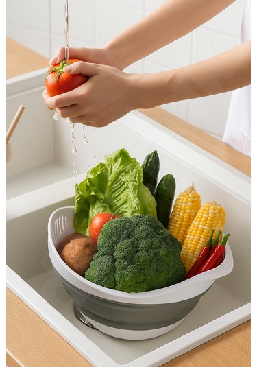 Yer Kaplamaz Katlanabilir Pirinç Bakliyat Ve Yıkama Süzgeci - Meyve Sebze Yıkama - Akordiyon Kap Beyaz - Gri