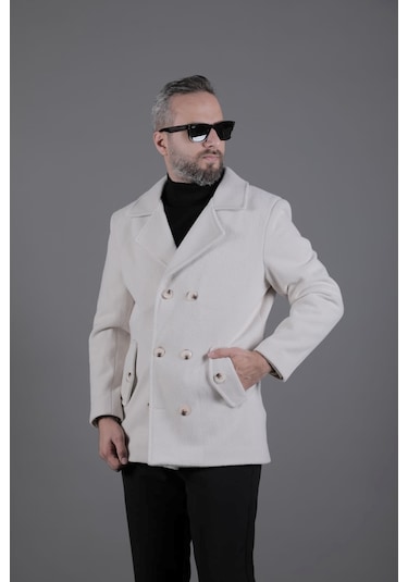 Ohepmoda Desenli Kruvaze Erkek Kaşe Kaban Bej