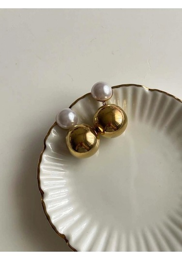 Çelik Gold İncili Topçuklu Küpe 3 Cm Çok Renkli