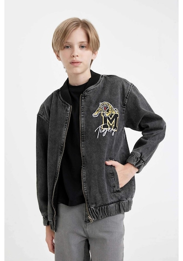 DeFacto Erkek Çocuk Kolej Yaka Fermuarlı Cepli Mevsimlik Baskılı Jean Bomber Ceket C3685A824AUNM55