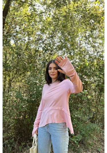 Kadın Pembe Elleri Eldiven Detaylı, Asimetrik Kesim, Bisiklet Yaka, Eteği Pliseli, Salaş Spor Bluz Pembe