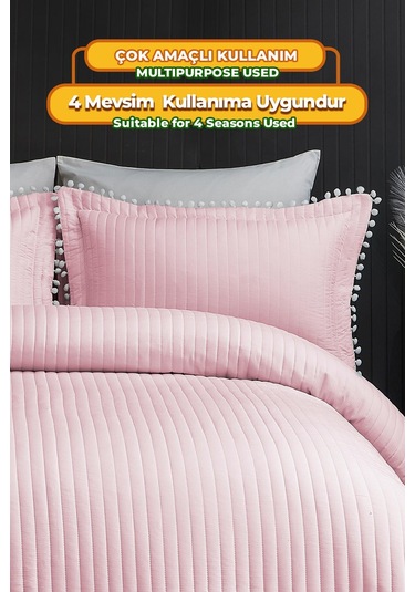 Evlen Home Collection Ponponlu Çift Kişilik %100 Pamuk Yatak Örtüsü Pike Takımı Pudra