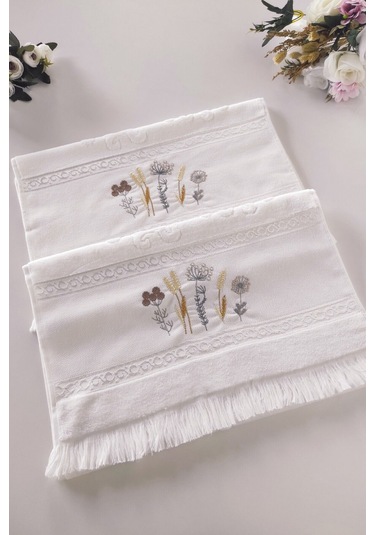 2'li Nakışlı Jakarlı Kadife El Yüz Havlusu - %100 Pamuk - Beyaz Beyaz Beyaz