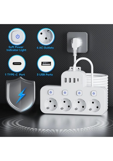 Xuweiwei Beyaz 8i 1 Arada Standart Eu Priz 4 Usb Portu Usb C Portlu Bagimsiz Anahtarlı 15m Uzatma Kablosu Ev Ofis İcin