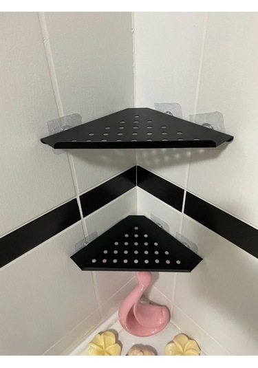 Kitaro Kendinden Yapışkanlı Köşe Şampuanlık Setsiz Mat Siyah İki Katlı Siyah