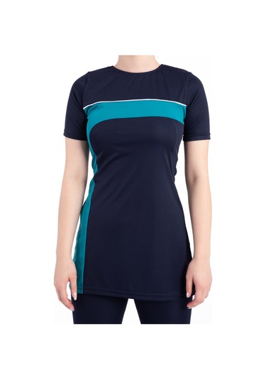 Kadın 667 Şeritli Kısa Kol Taytlı Tesettür Mayo Lacivert-yeşil Yeşil