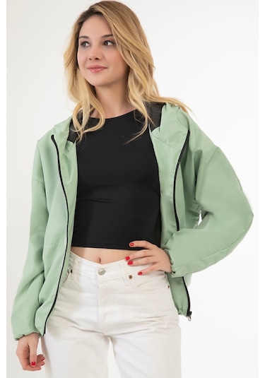 Riverstorm Kadın Su Yeşili Su Ve Rüzgar Geçirmez Kapüşonlu Cepli Oversize Yağmurluk - Rüzgarlık Su Yeşili