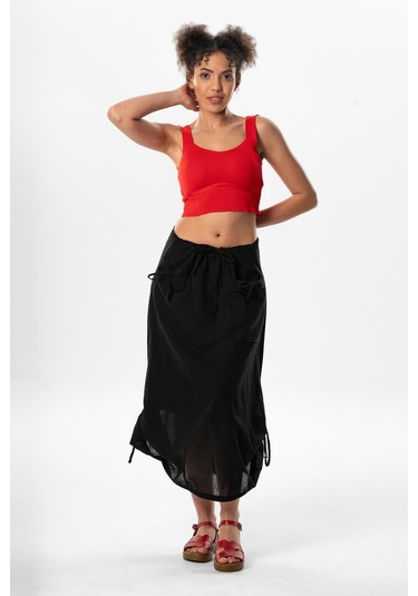 Gökşen Vual Bağlama Ve Lastik Detay Midi Boy Yazlık Otantik Etek Siyah Syh-siyah Siyah