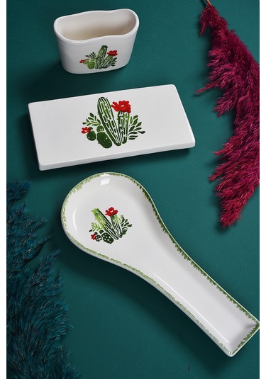 Piatti Naturali 3 Lü Mutfak Seti Kaktüs Kaşık Altlığı Süngerlik Yağdanlık