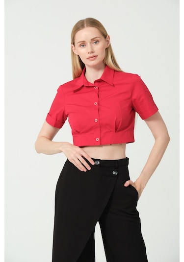 Samore Polo Yaka Crop Gömlek Kırmızı
