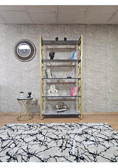 Gold Boyalı Kitaplık - 5 Raflı Suntalem Lüks Kitaplık Marmol Çok Renkli