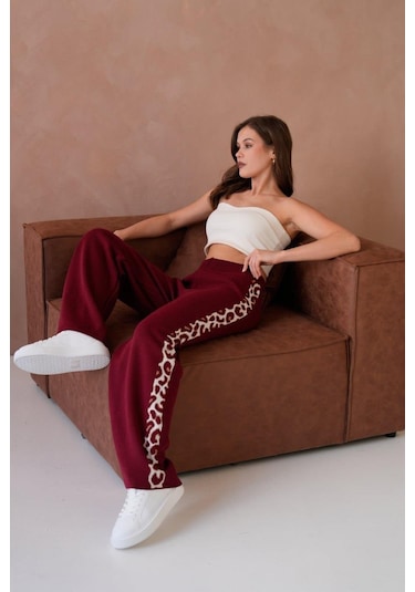 Relax Mode Kadın Leopar Şerit Detaylı Örme Pantolon - 12026r Bordo