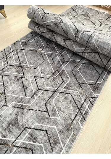 Premium Gri Siyah Kaymaz Tabanlı Kesme Yolluk Koridor Mutfak Salon Halısı Yüksek Kalite