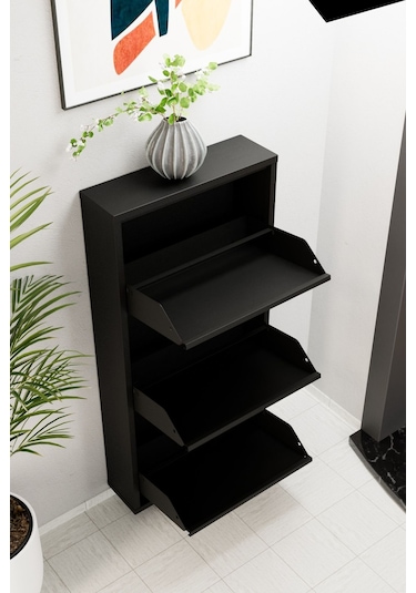 3 Kapaklı Metal Ayakkabılık Siyah Siyah