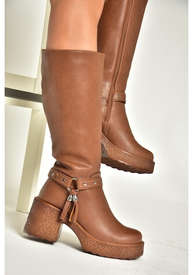 Fox Shoes T996224009 Taba Kalın Topuklu Kadın Çizme Taba